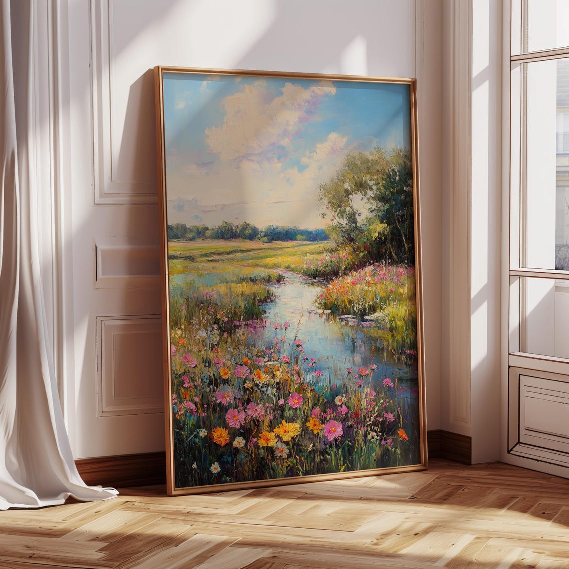 Sunlit Wildflower Meadow Stream Vibrant Impressionist Art Poster