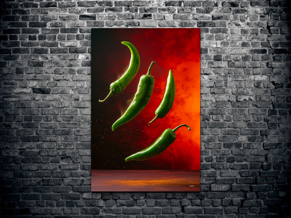 Flying Green Chili Peppers Against a Fiery Red Background Wall Art - Image 2