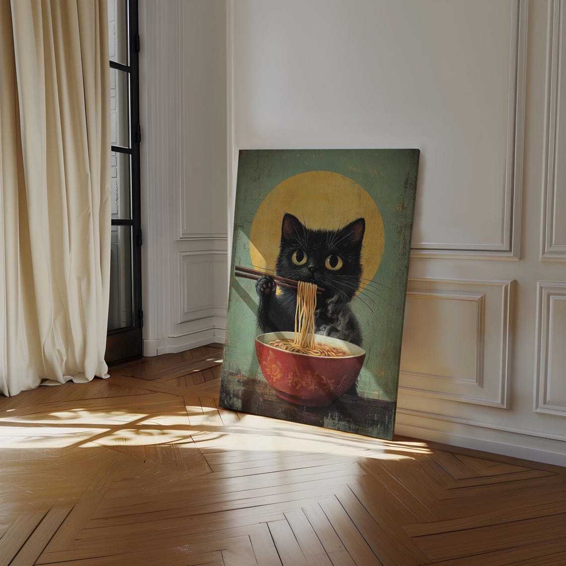Black Cat Eating Ramen With Chopsticks Funny Kitchen Art Poster - Image 3
