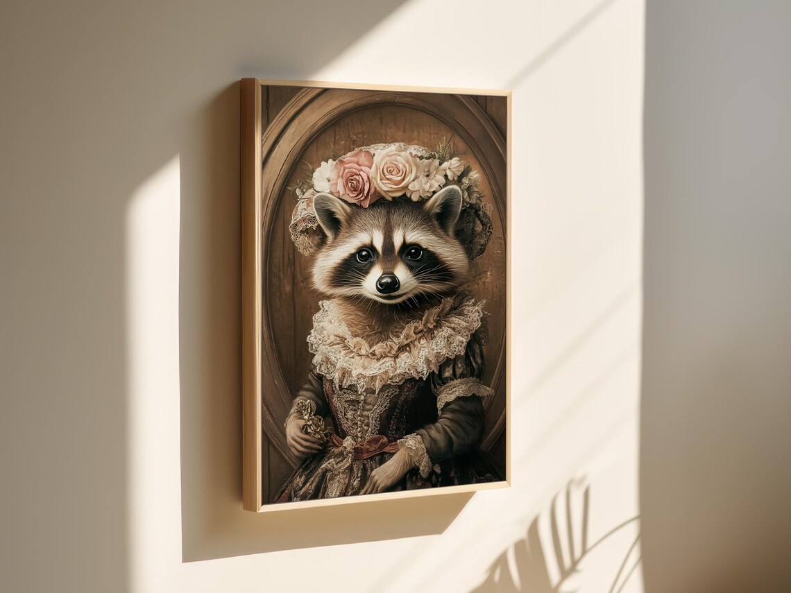Raccoon Lady Rose Lace Bonnet Brocade Gown Victorian Woodland Art Poster - Image 3