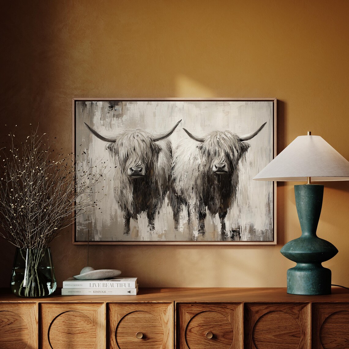 Highland Cows Pair Rustic Farmhouse Beige Oil Painting Poster - Image 4