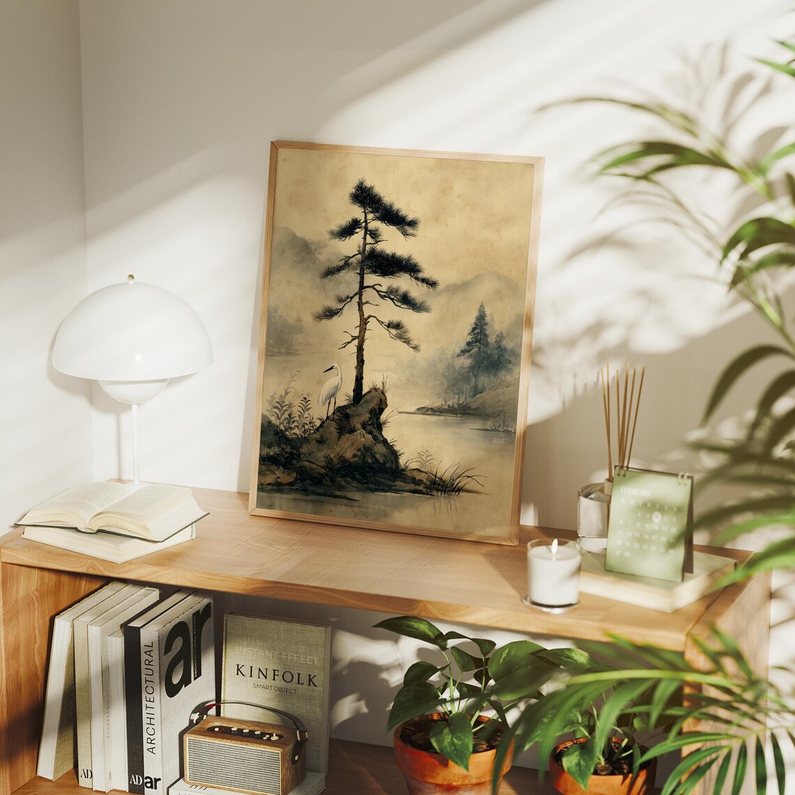 Solitary Pine Tree on Rocky Island with Heron Vintage Asian Art Poster