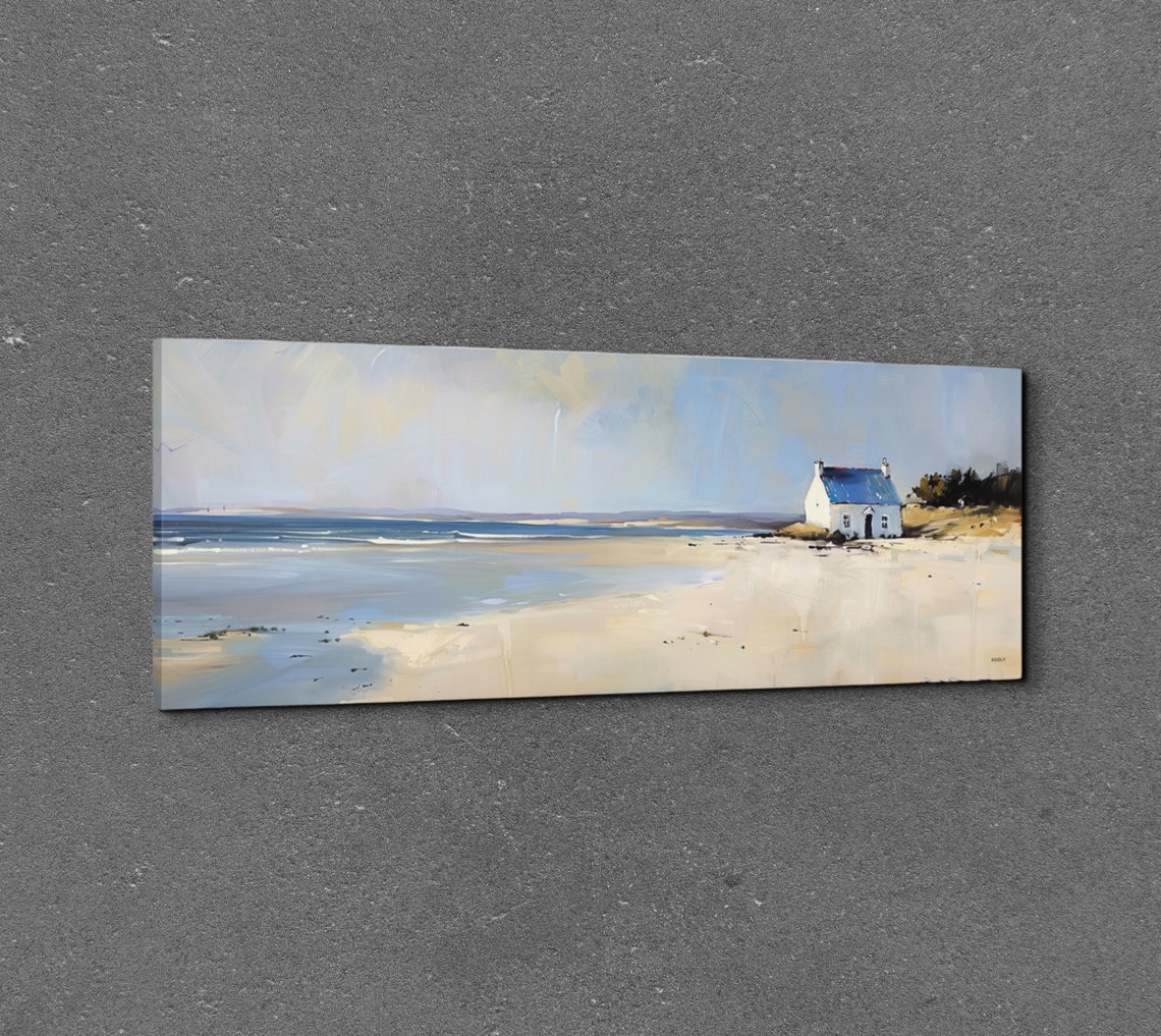 Whitewashed Cottage on Quiet Beach Ocean Oil Painting Wall Poster - Image 3