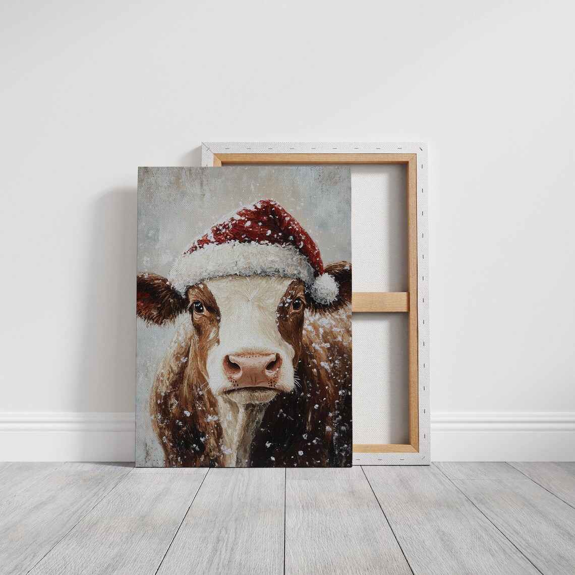 Cute Cow Wearing a Snowy Santa Hat in a Cozy Christmas Animal Poster - Image 7