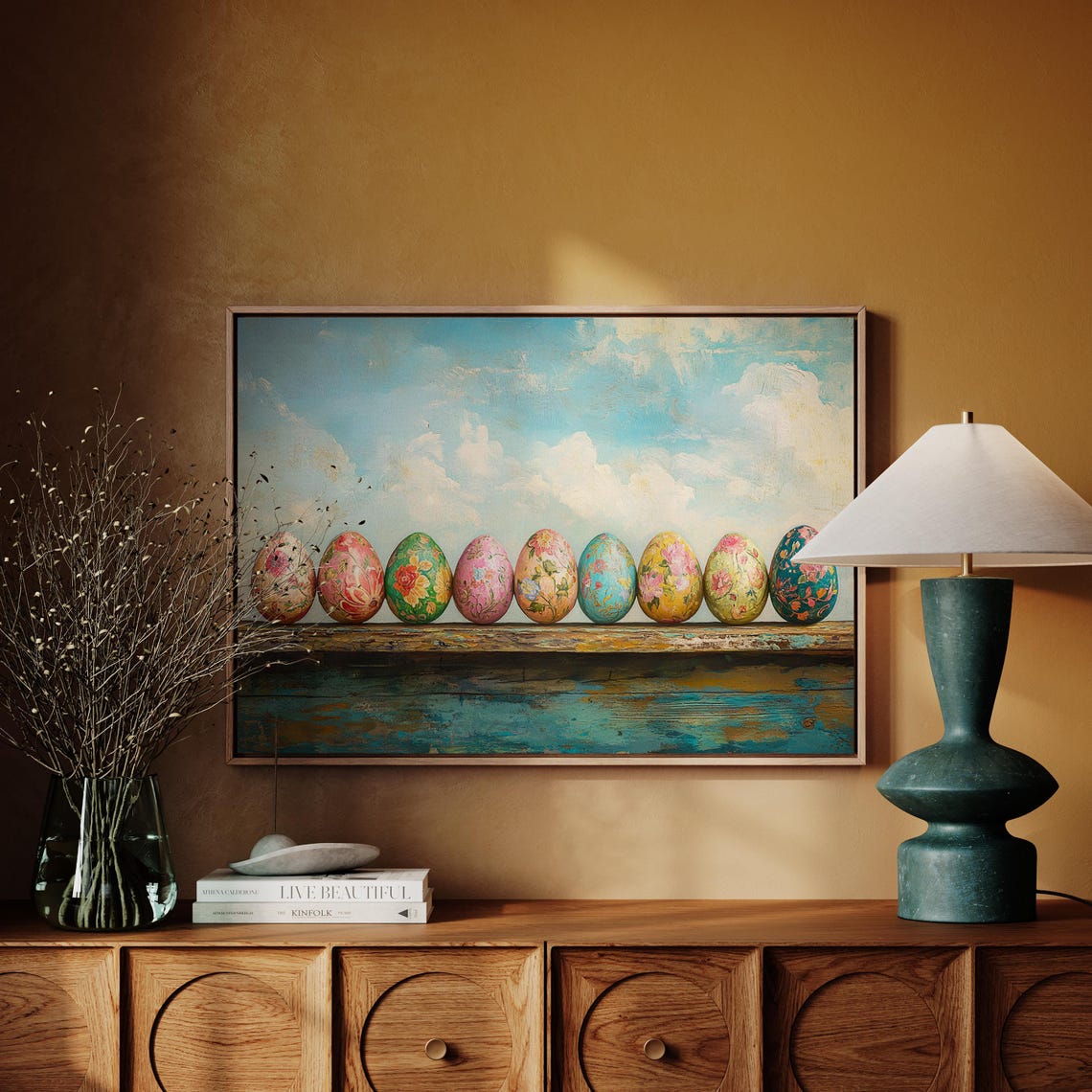 Colorful Floral Easter Eggs Row on Distressed Blue Wood Shelf Poster - Image 7