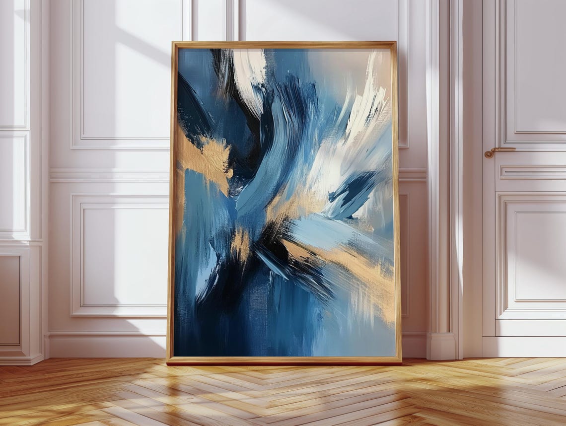 Navy Blue And Gold Abstract Brush Stroke Contemporary Wall Poster