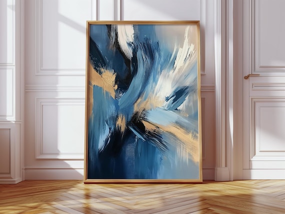 Blue Gold Abstract Brush Stroke Canvas Modern Textured Wall Art Navy Beige Minimalist Acrylic Painting For Neutral Home Decor