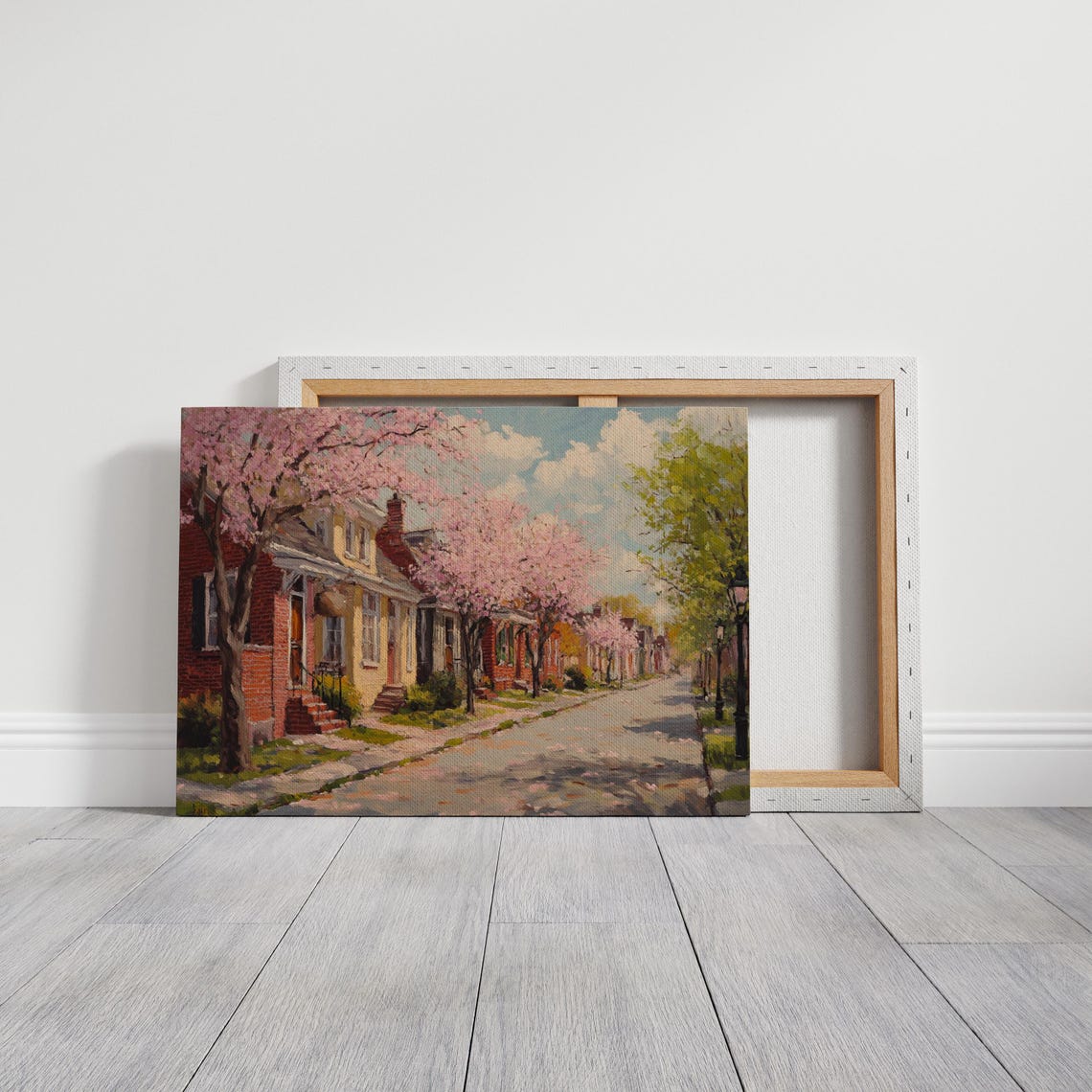 Cherry Blossom Street Springtime Brick Townhouse Row Scene Wall Art - Image 3