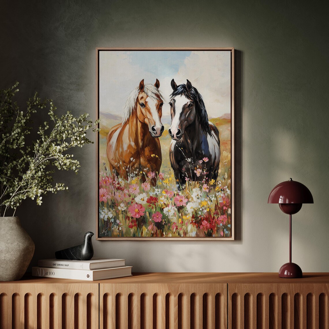 Pair of Horses Standing Together in Wildflower Field Pastoral Poster - Image 4