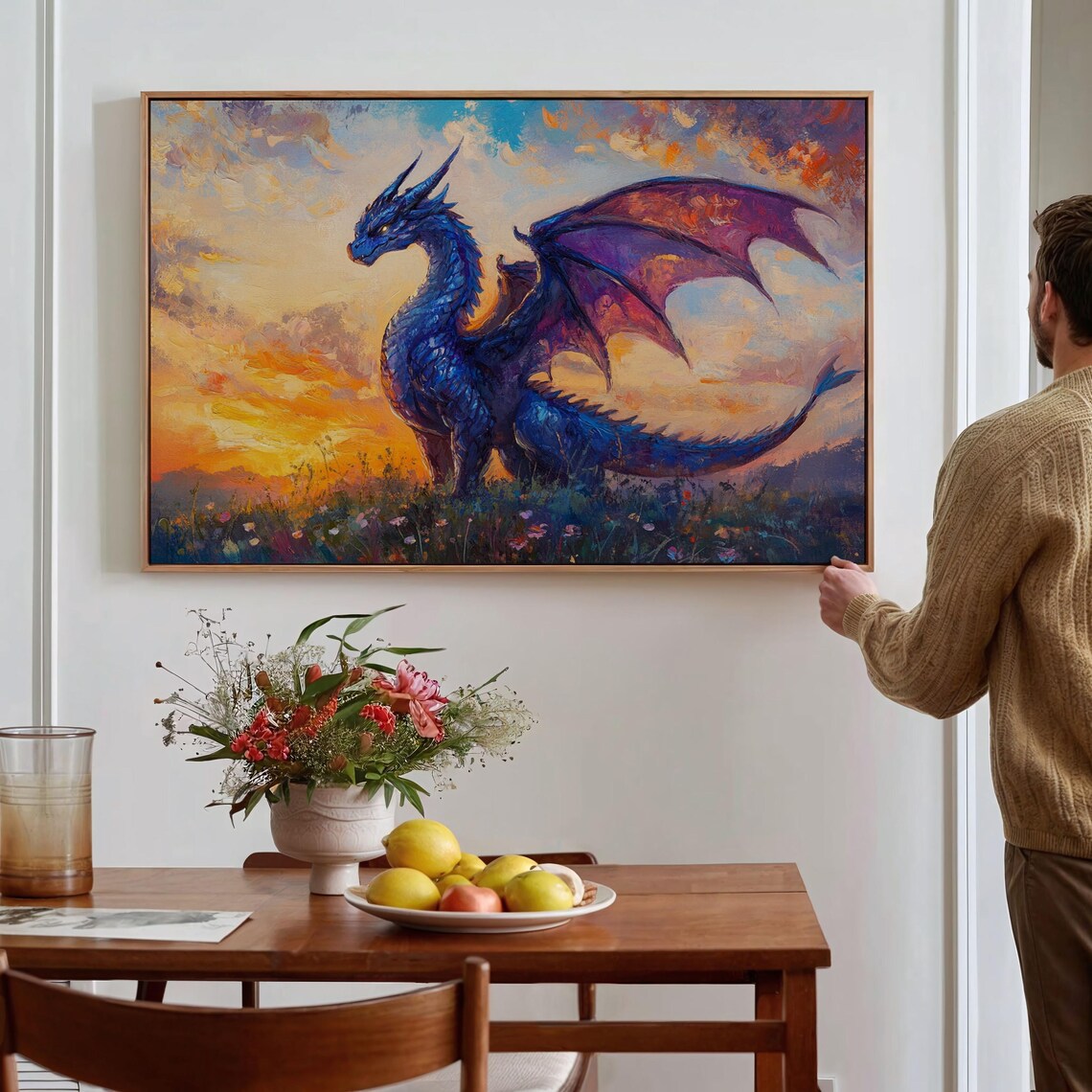 Majestic Blue Dragon at Sunset Vibrant Fantasy Oil Painting Print - Image 5