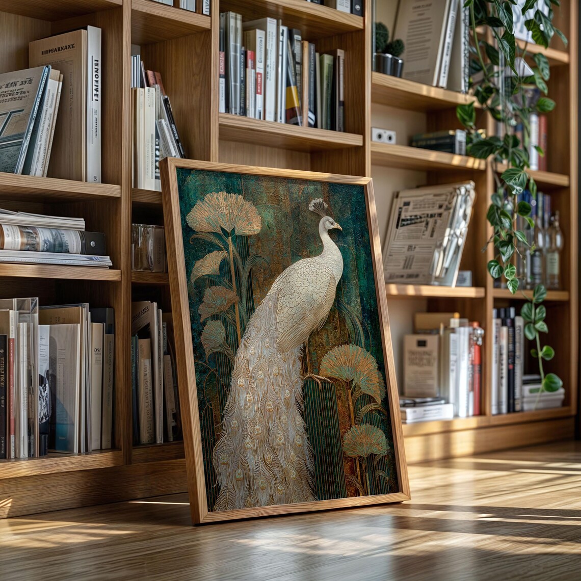Elegant White Peacock Gold Teal Textured Painting Sophisticated Wall Art