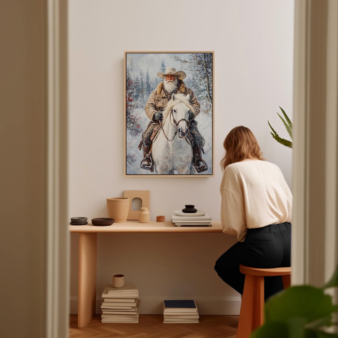 Cowboy Winter Ride White Horse Snowy Forest Vintage Wall Poster - Image 2