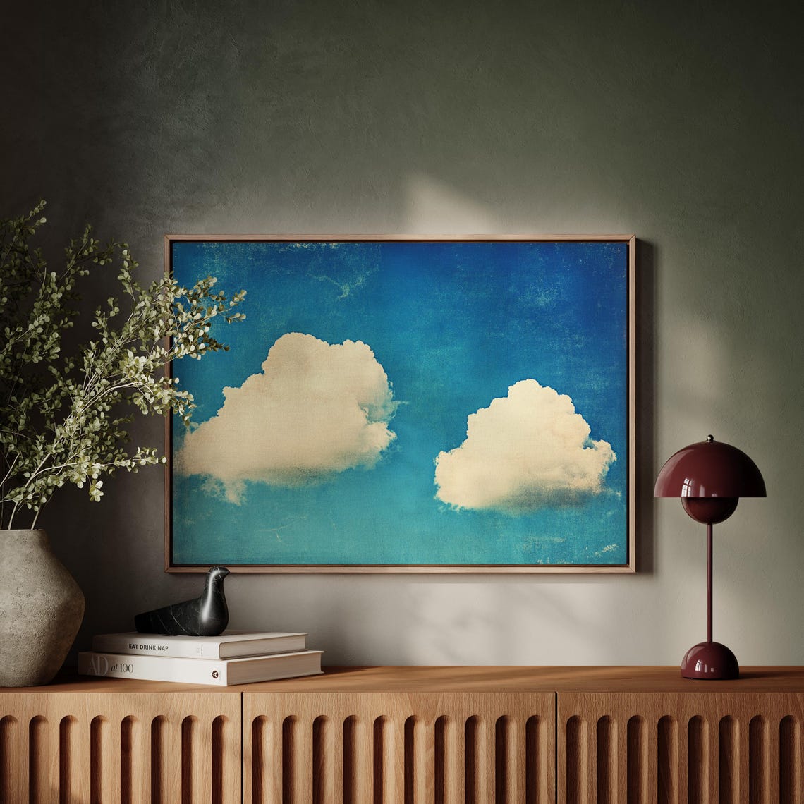 Two Fluffy White Clouds On Bright Blue Textured Sky Vintage Poster - Image 4