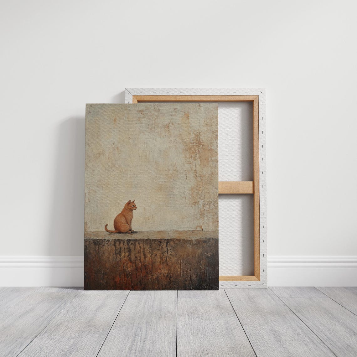 Orange Tabby Cat Sitting Alone Minimalist Textured Beige Poster - Image 3