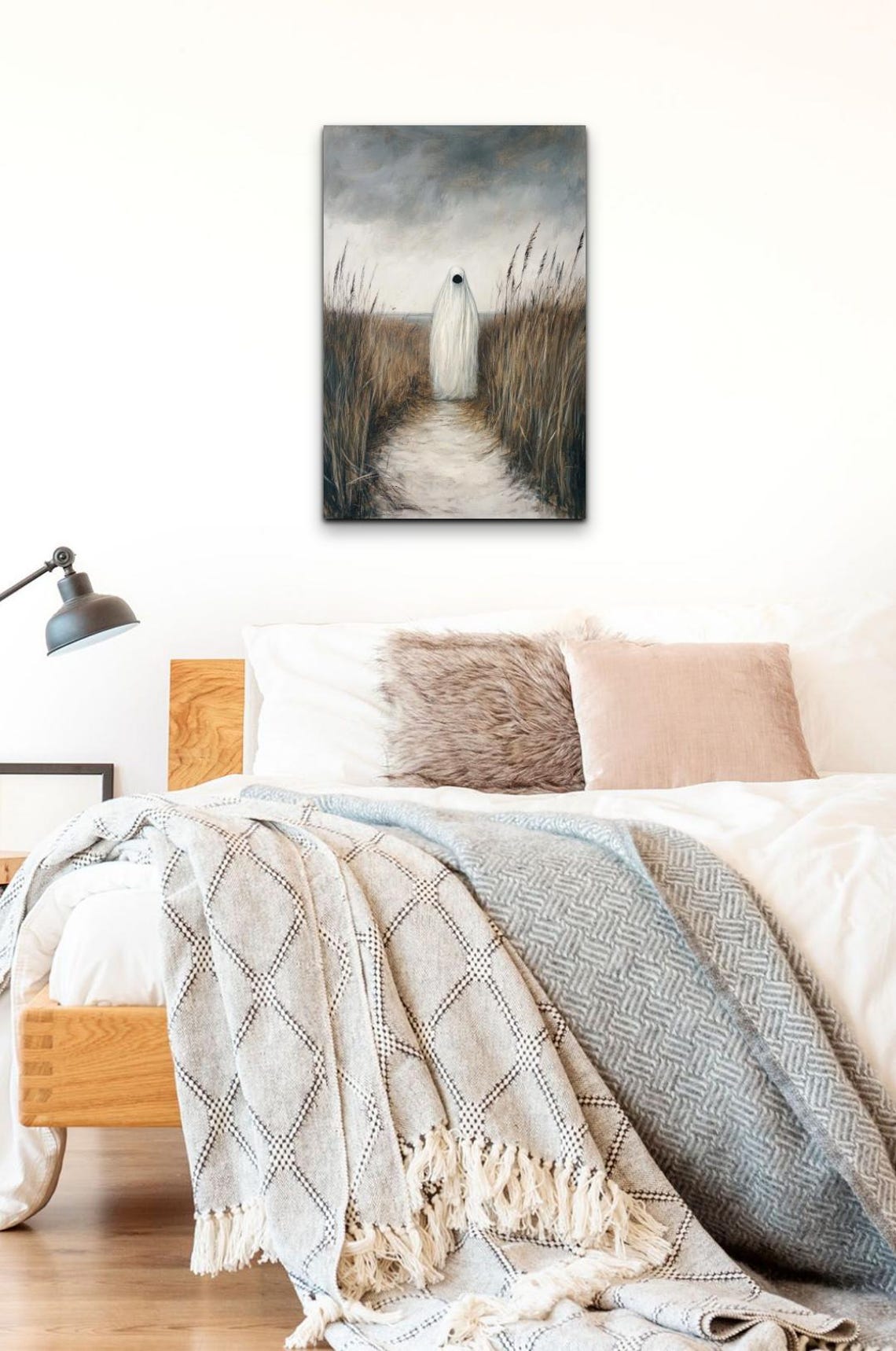 Sheet Ghost on a Sandy Path Through Tall Beach Grass at Dusk Poster - Image 5