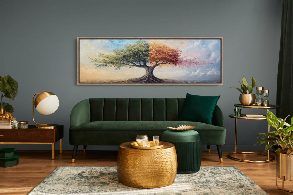 Half Summer Half Autumn Tree Dreamlike Seasonal Panoramic Art Print - Image 2