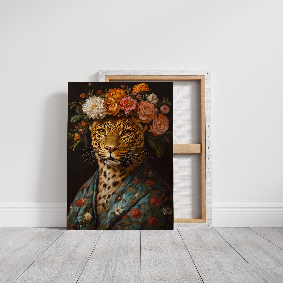 Leopard Floral Crown Teal Robe Vibrant Blooms Boho Portrait Poster - Image 3