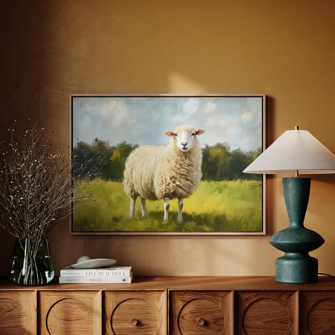 Fluffy White Sheep Smiling in Green Pasture Farm Painting Poster