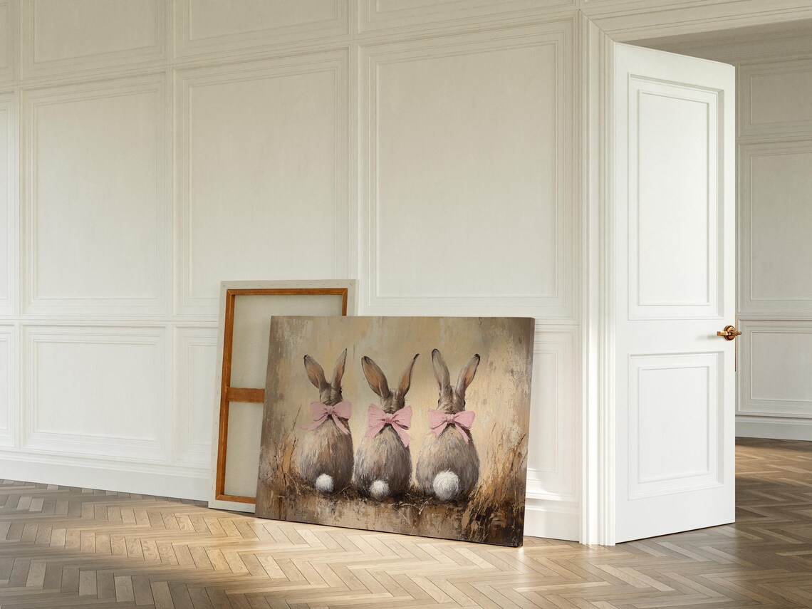 Three Bunnies With Pink Bows, Rustic Easter Art - Image 6