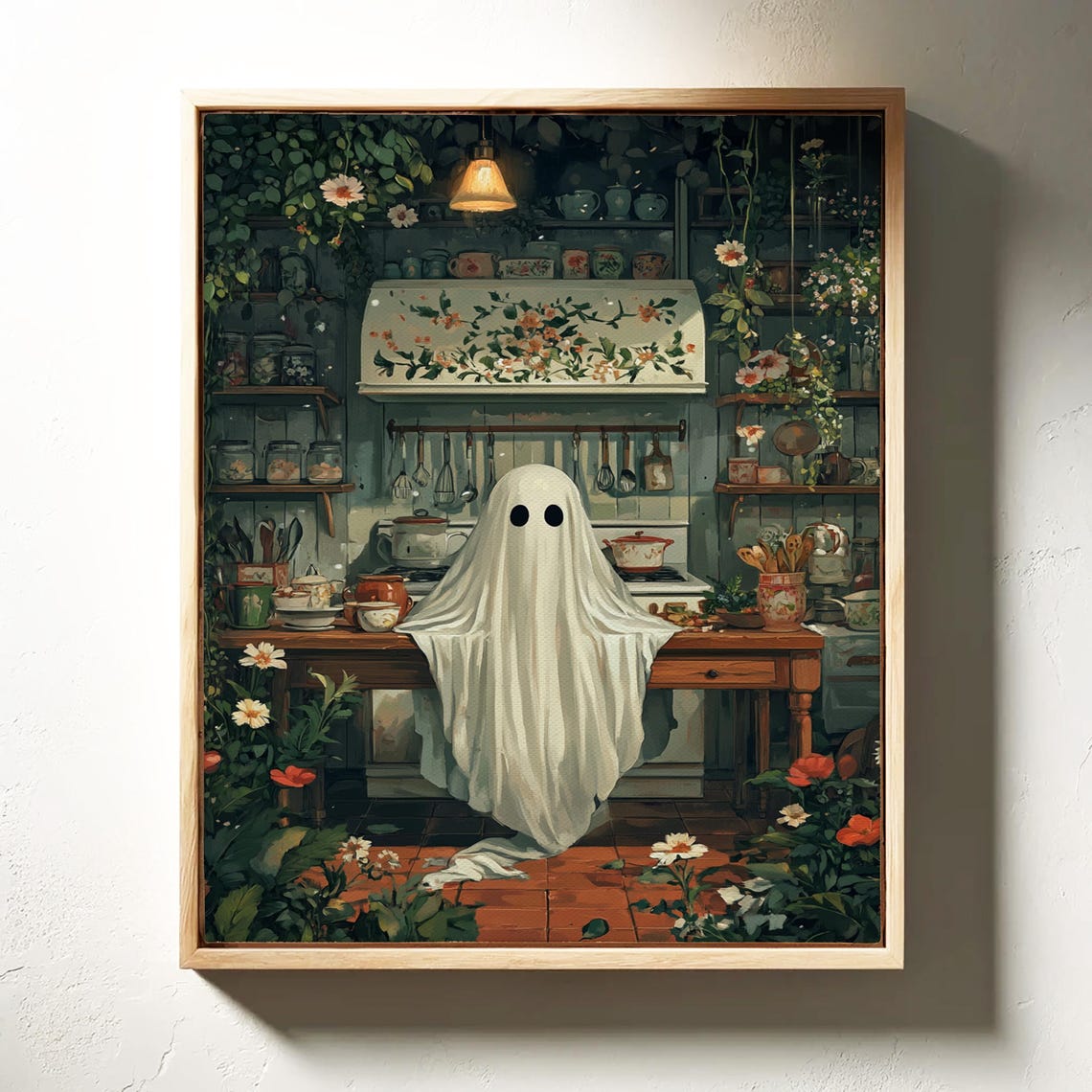 Cute Ghost In Cozy Vintage Kitchen Floral Cottagecore Wall Art - Image 3