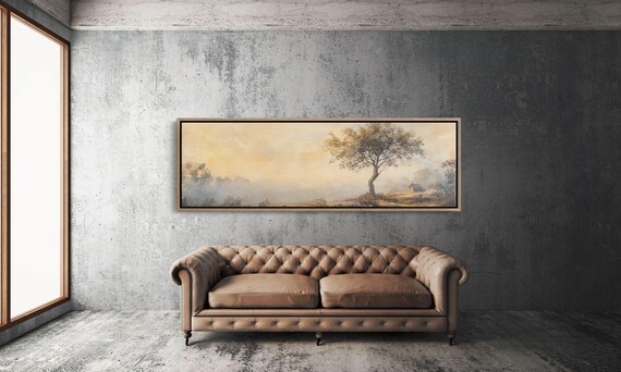 Rustic Landscape Vintage Farmhouse Wall Art Golden Tree Cabin Print Country Sunset Painting Neutral Nature Decor