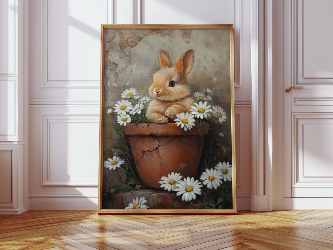Cute Baby Bunny In Cracked Pot Daisies Vintage Farmhouse Poster