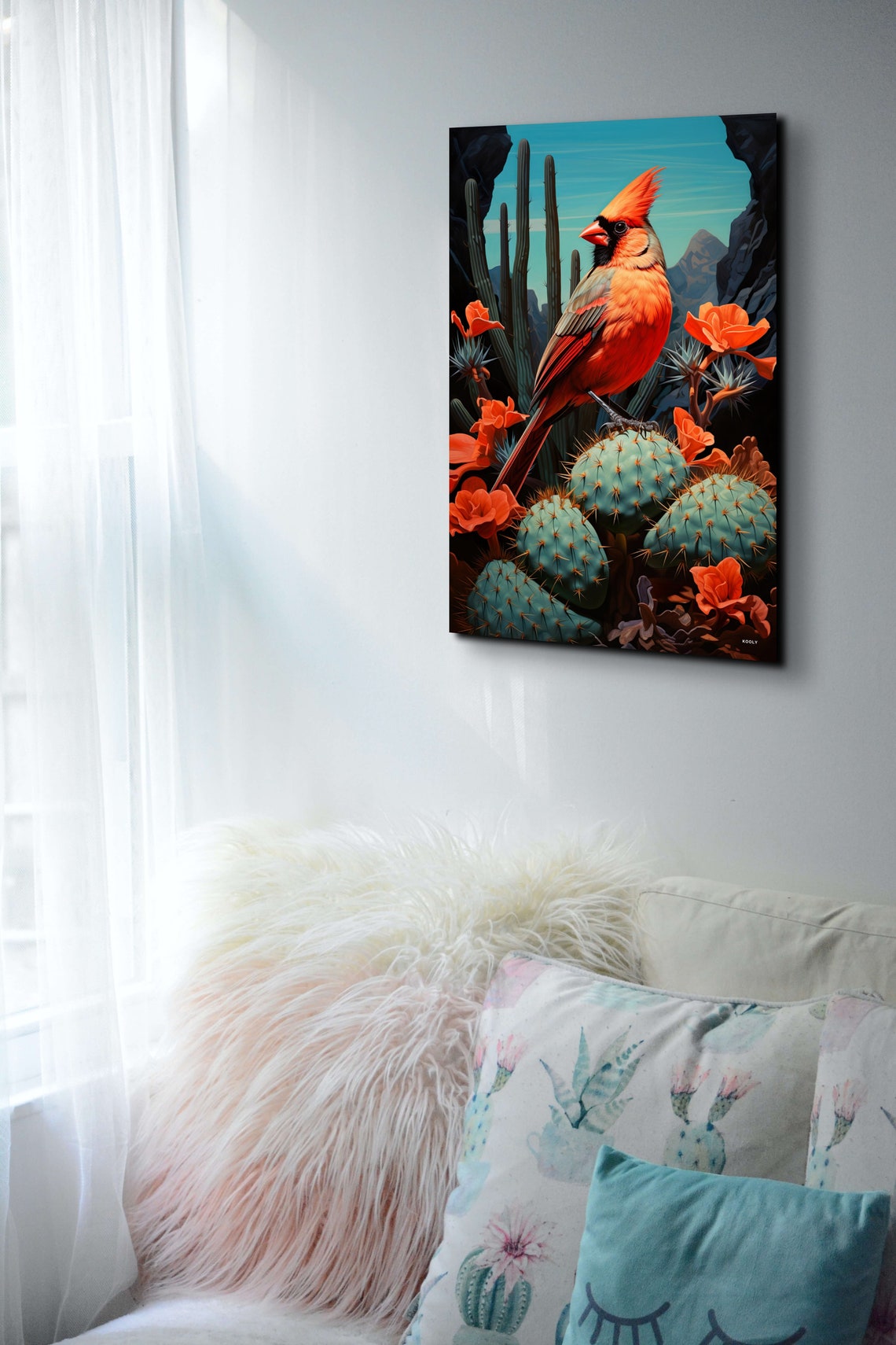 Male Northern Cardinal Perched on Cactus in the Desert Poster - Image 6