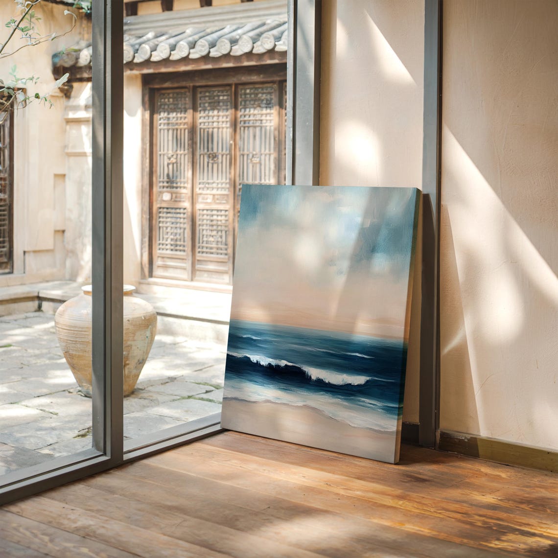 Serene Blue Ocean Waves Pastel Sky Coastal Oil Painting Poster - Image 5