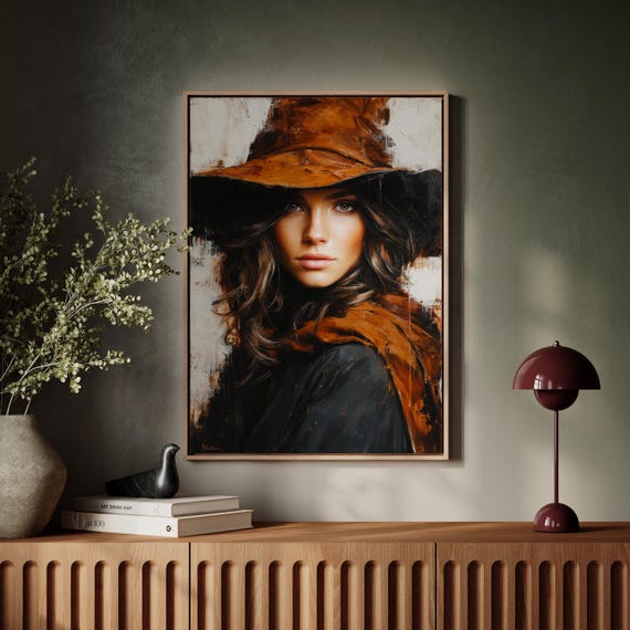 Cowgirl In Burnt Orange Hat Rustic Western Canvas Art