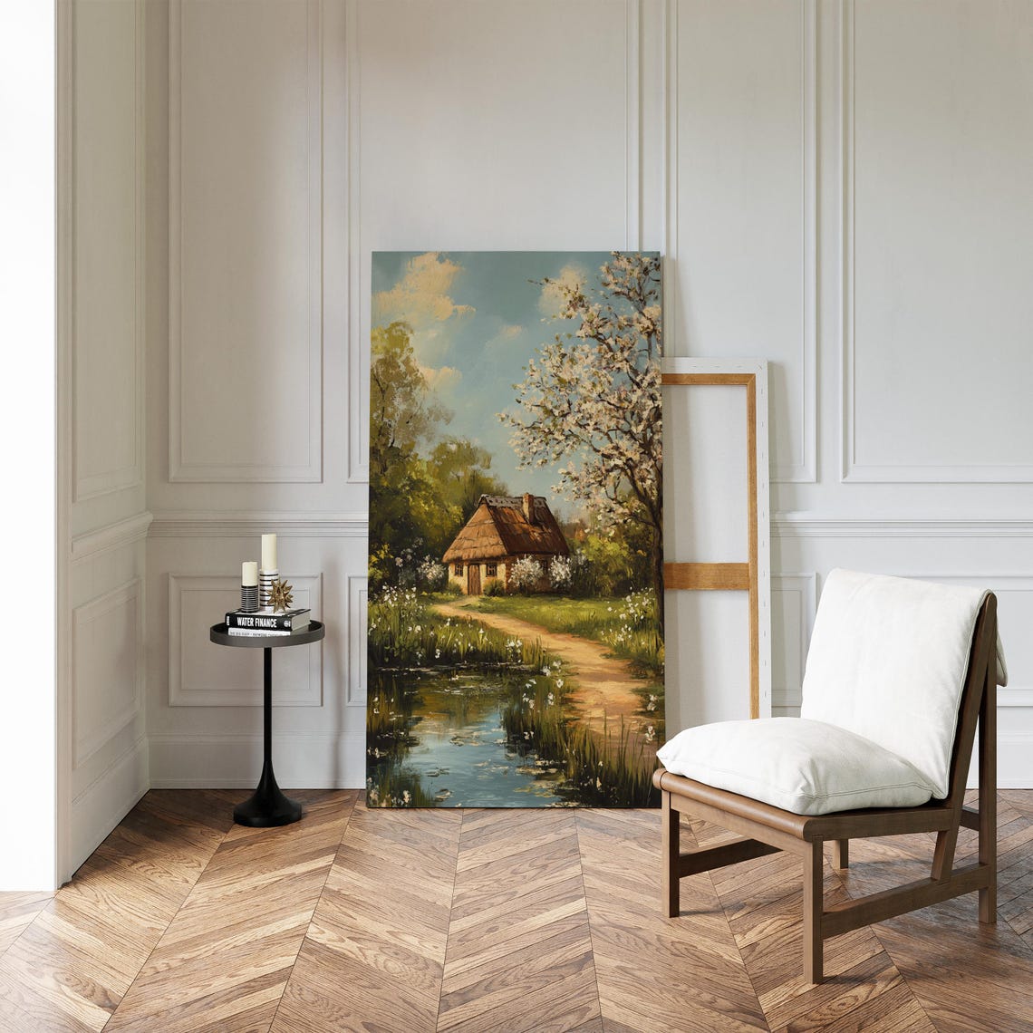 Spring Cottage by a Pond With Blossoming Tree Painting Poster - Image 4