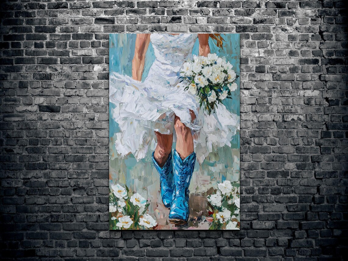 Cowgirl Blue Boots White Dress Daisy Bouquet Western Art Poster - Image 2
