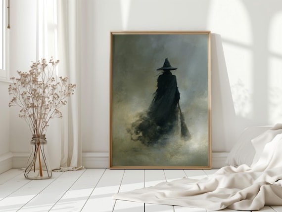 Dark Witch Silhouette Wall Art Print Gothic Halloween With Broom Mystical Spooky Home Decor For Witchy