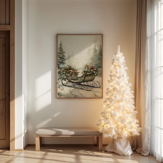 Vintage Christmas Sleigh Filled With Greenery Snow Scene Poster