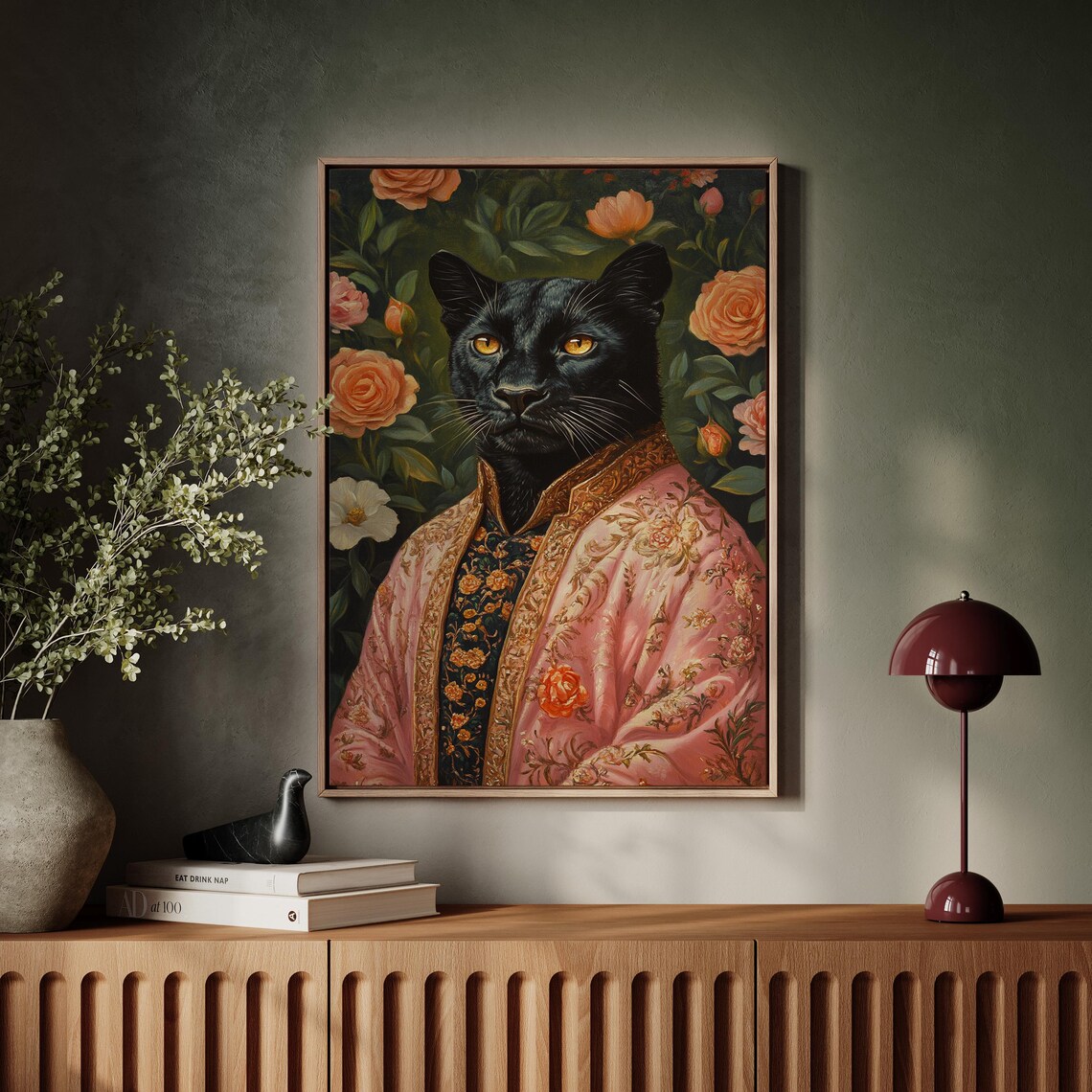 Elegant Black Panther Portrait Ornate Pink Robe Rose Floral Poster - Image 7