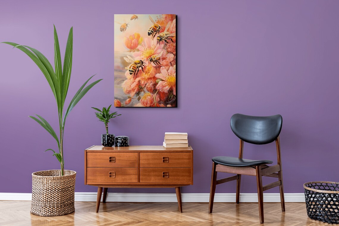 Honeybee Garden Pink Peony Blossoms Botanical Bee Art Poster - Image 3