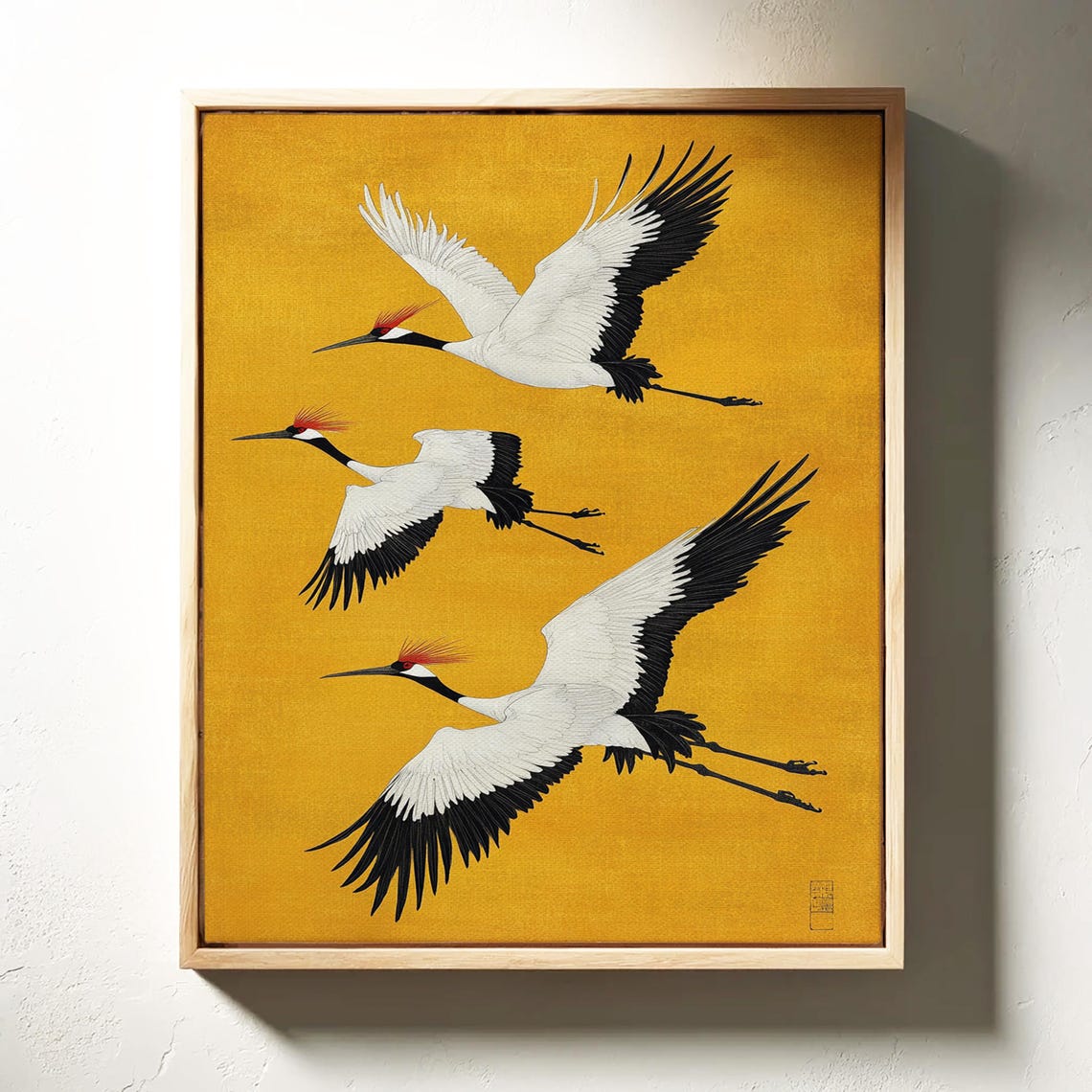 Three Red Crowned Cranes in Flight Gold Leaf Japanese Art Poster - Image 4