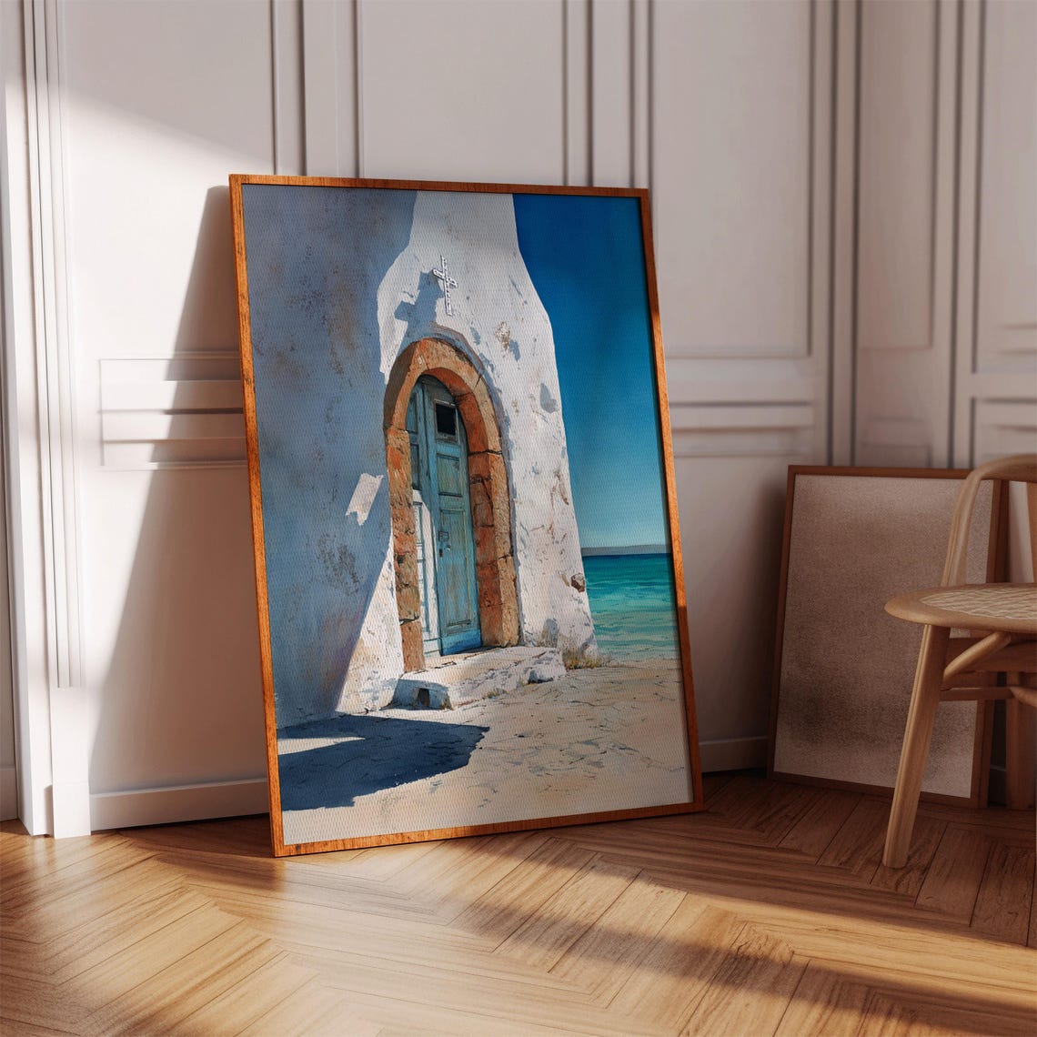 Whitewashed Greek Church Door Blue Aegean Coastal Scene Poster