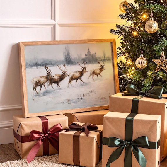 Winter Stags Gallop Through Snowy Fields Art Print
