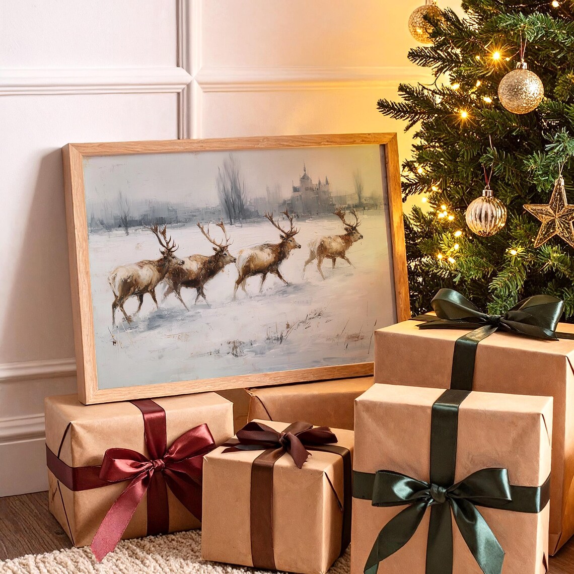 Winter Stags Gallop Through Snowy Fields Art Print