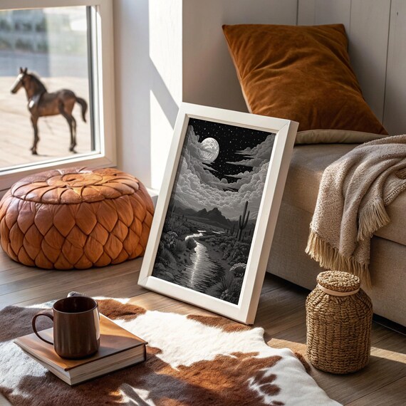 Moonlit Desert River Full Moon Cacti Black White Engraving Poster