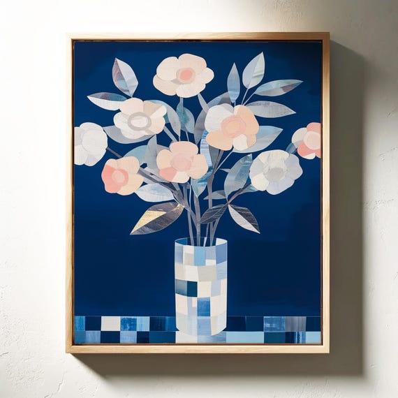 Modern Blue Floral Vase Abstract Geometric Flower Canvas Art