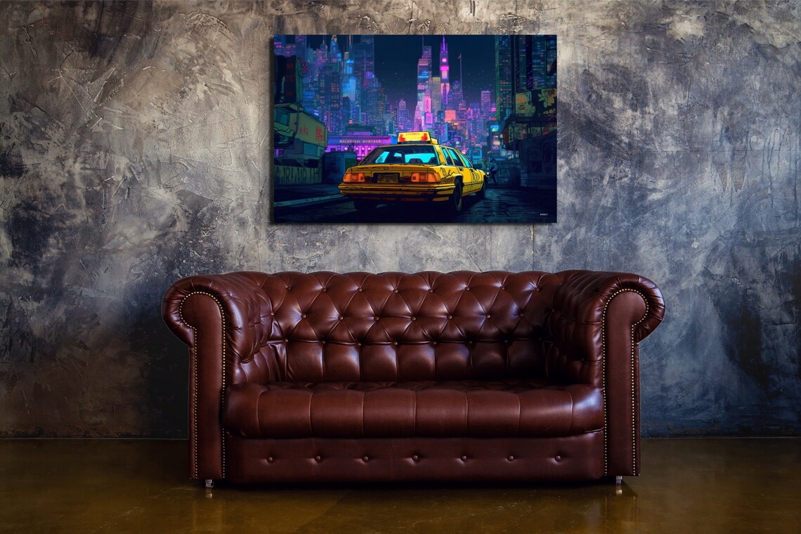 Yellow Taxi Neon City Night Street Cyberpunk Urban Art Poster - Image 4