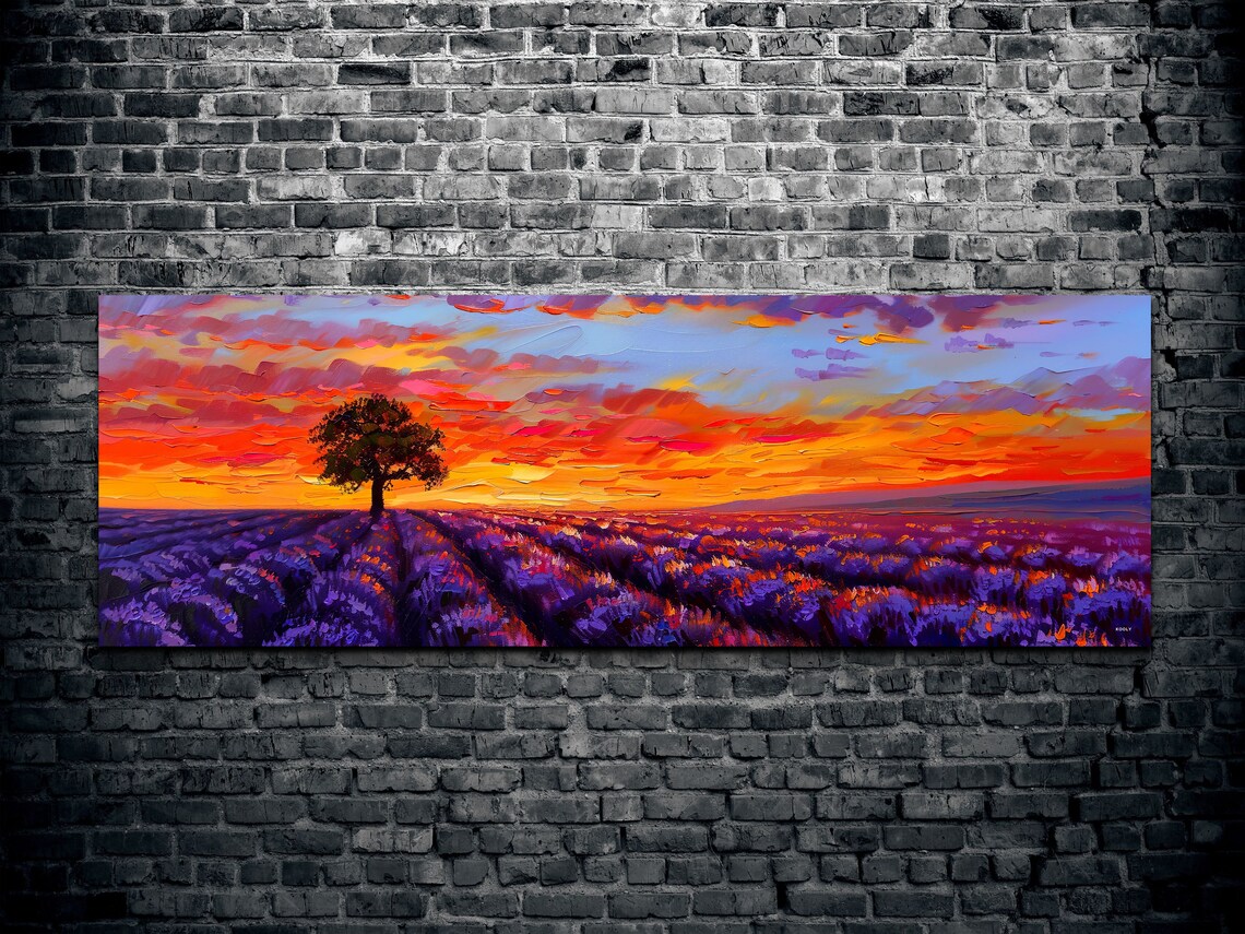 Lavender Field Sunset Lone Tree Impasto Oil Painting Floral Poster - Image 3