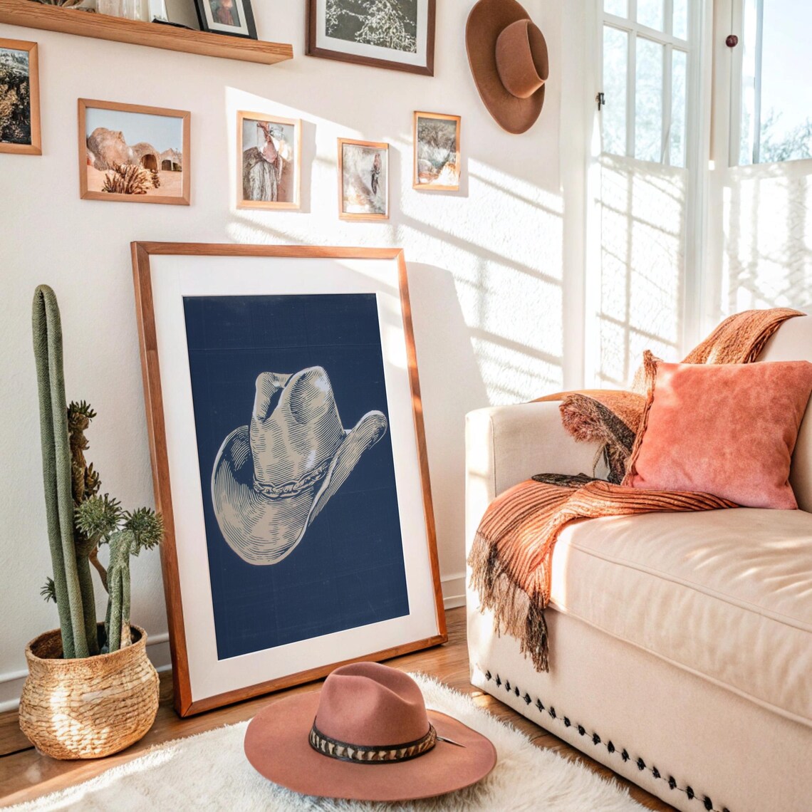 Vintage Cowboy Hat Engraved Illustration Navy Blue Western Poster