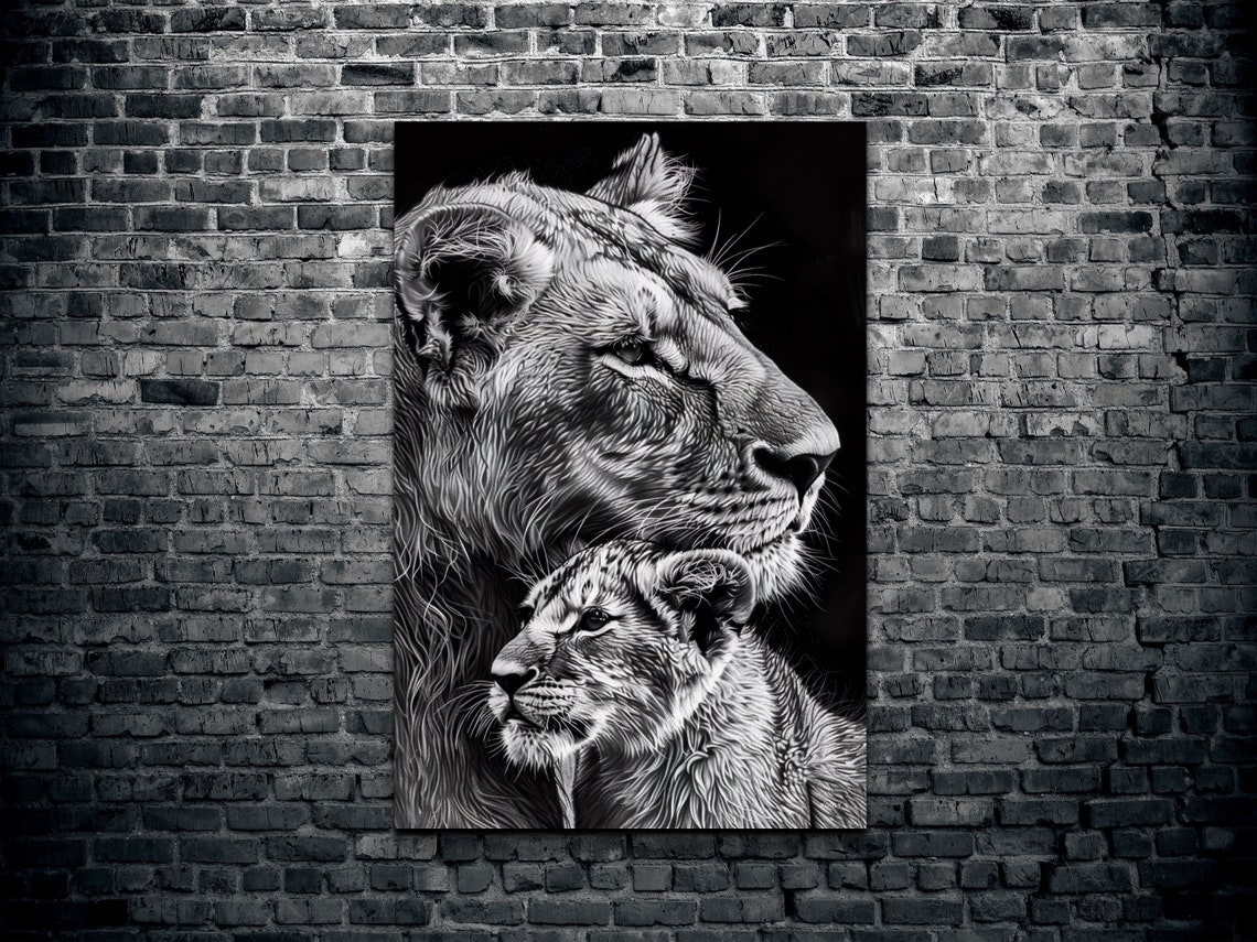 Black and White Lioness and Cub in Profile Beside Branches Poster - Image 2