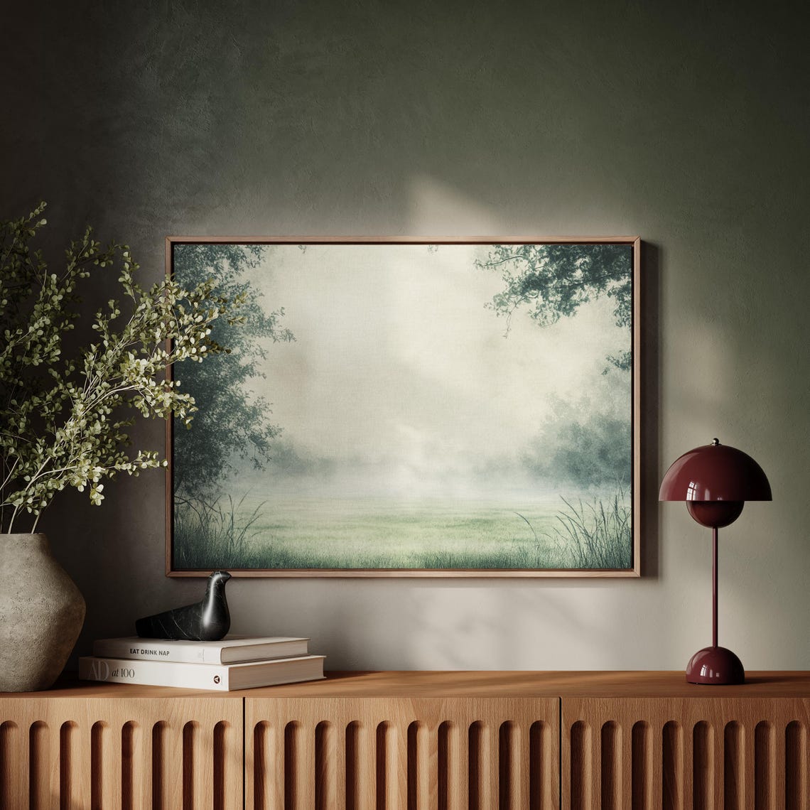 Tranquil Misty Meadow With Soft Fog And Tree Lined Green Field Poster - Image 3