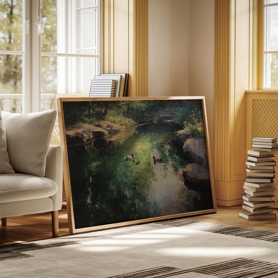 Peaceful Duck Family On Green Pond Nature Oil Painting Wall Art
