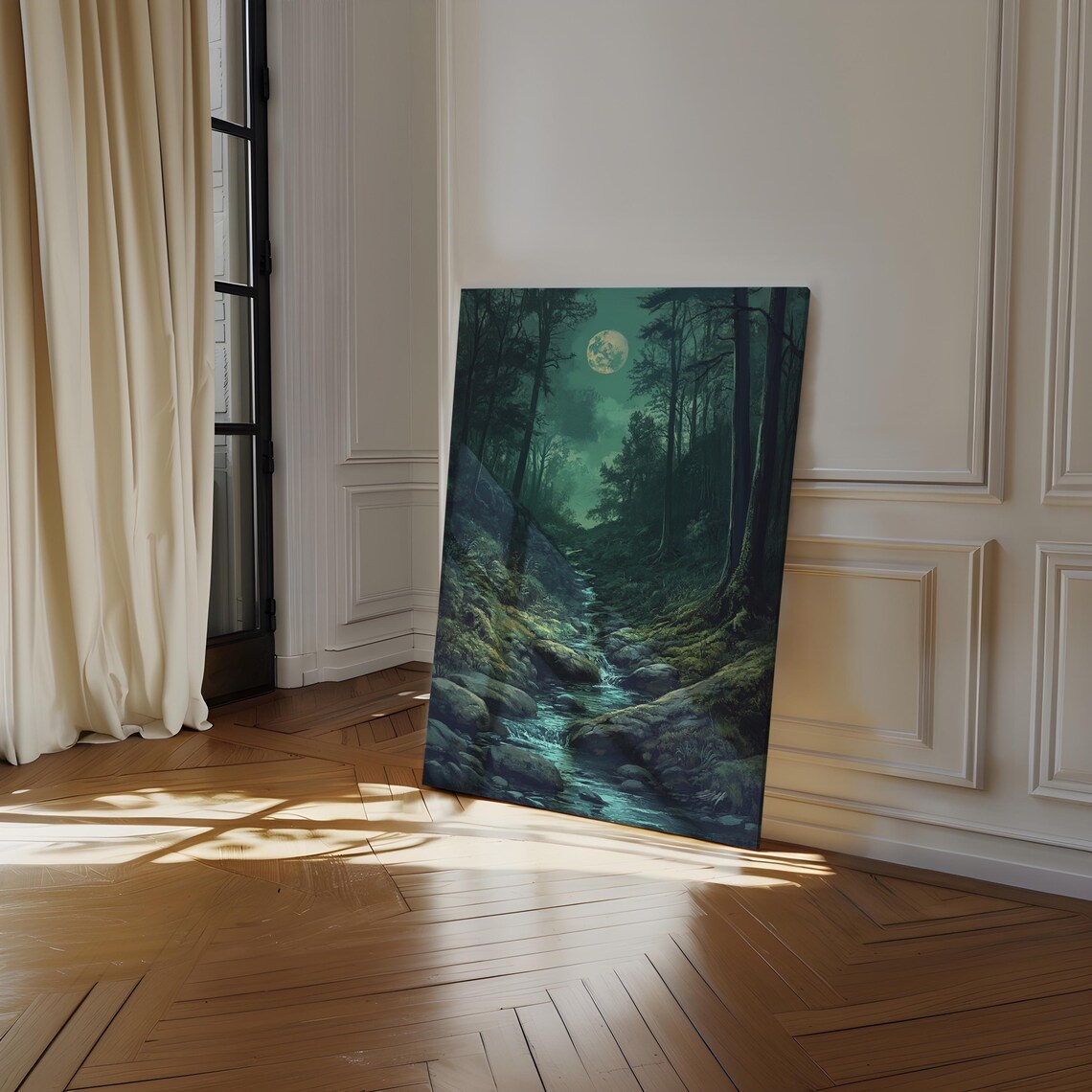 Mystical Moonlit Forest Stream, Tranquil Nature Art - Image 4