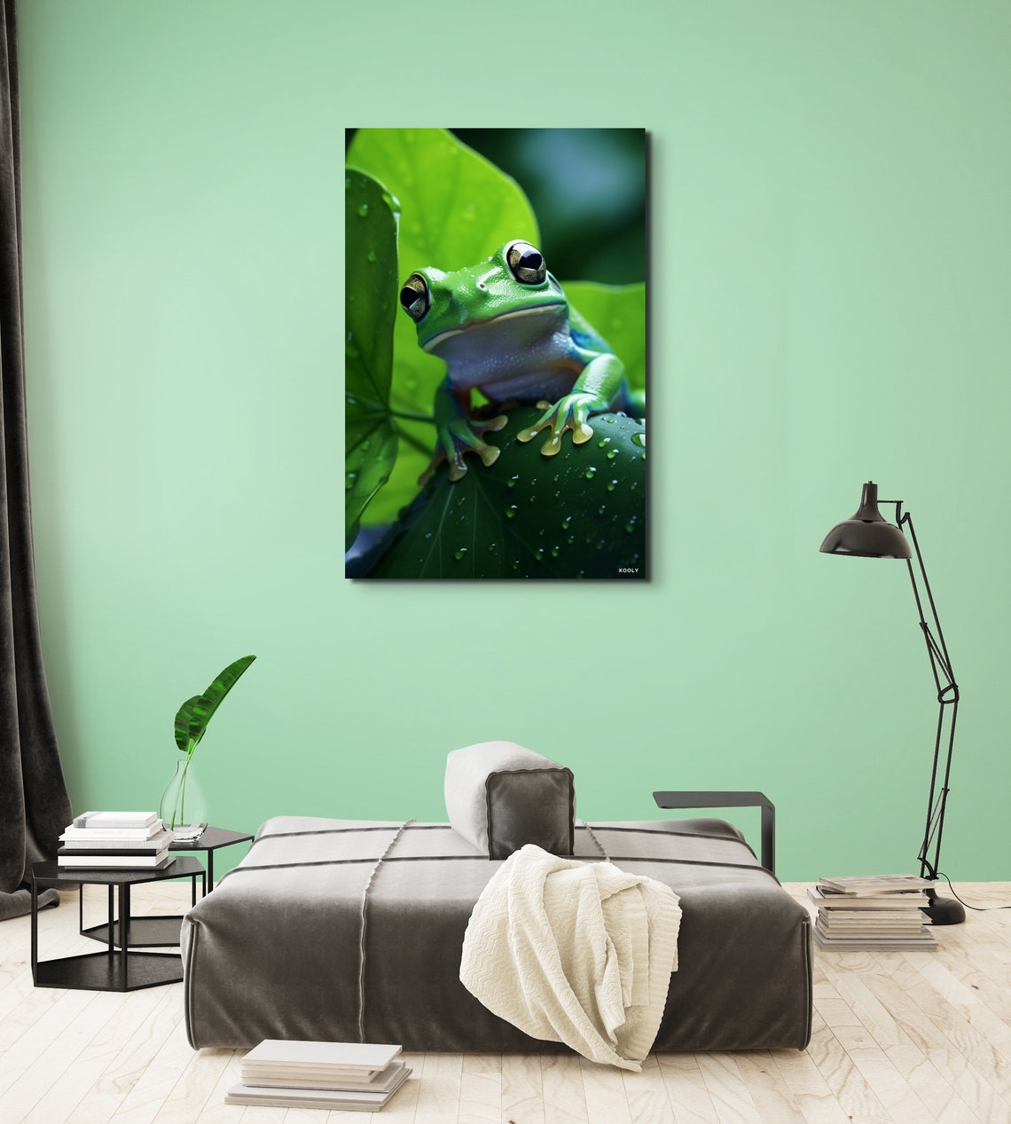 Bright Green Tree Frog Resting On A Dewy Leaf Macro Photo Poster - Image 6