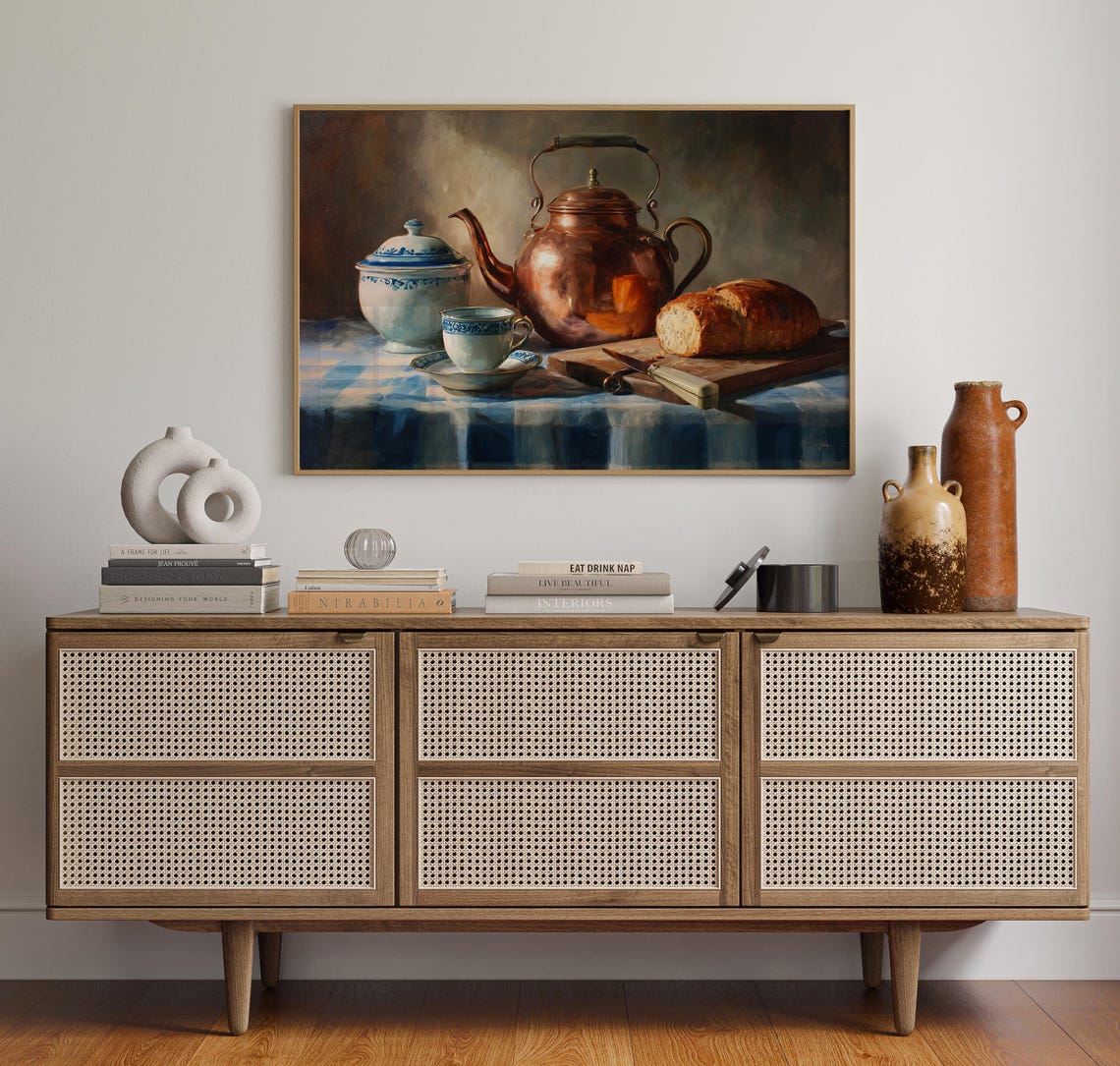 Classic Still Life Oil Painting Copper Kettle Bread and Teapot Poster